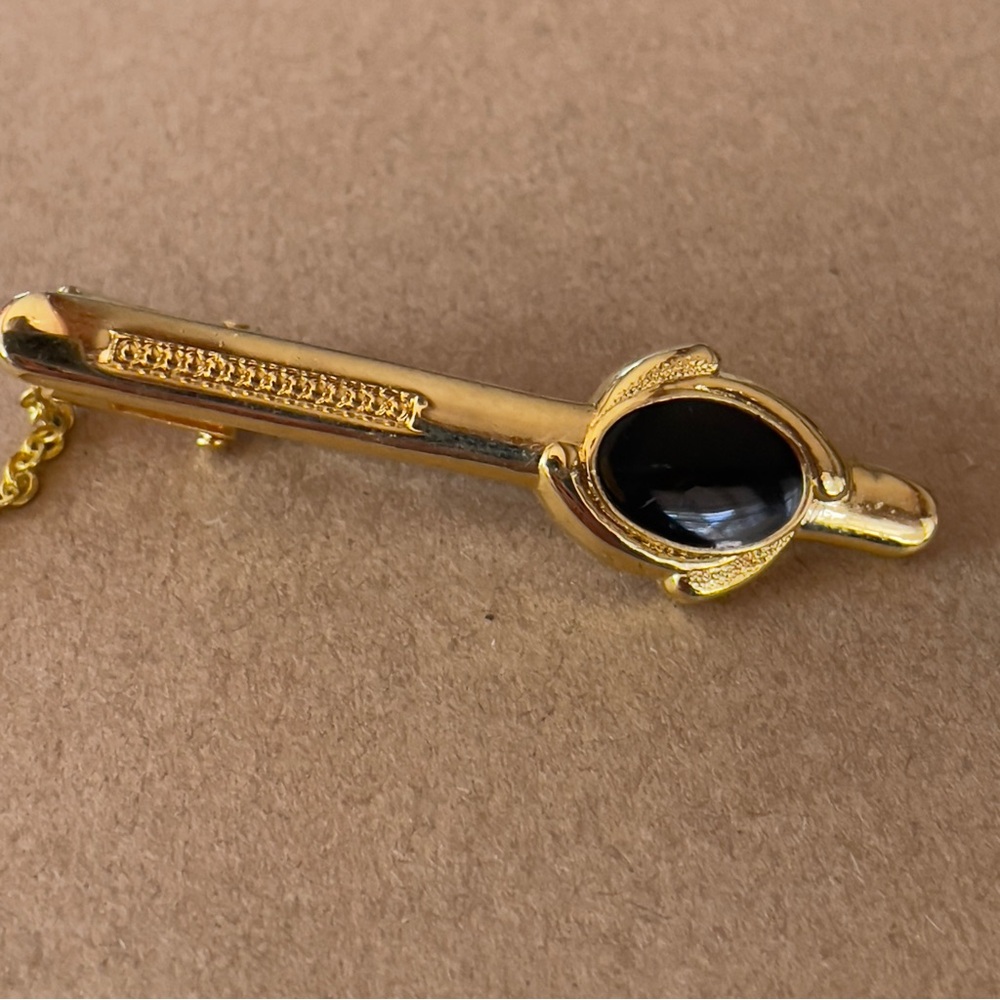 Vintage Shriners Masonic Tie Clip 24K Gold Filled Black Onyx Adjustable w/ Chain